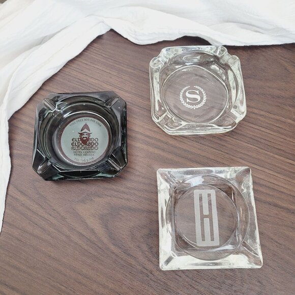 Set Of 3 VTG Glass Ashtrays w/ Logos Eldorado Hotel & Casino Sheraton Hilton - Picture 1 of 6